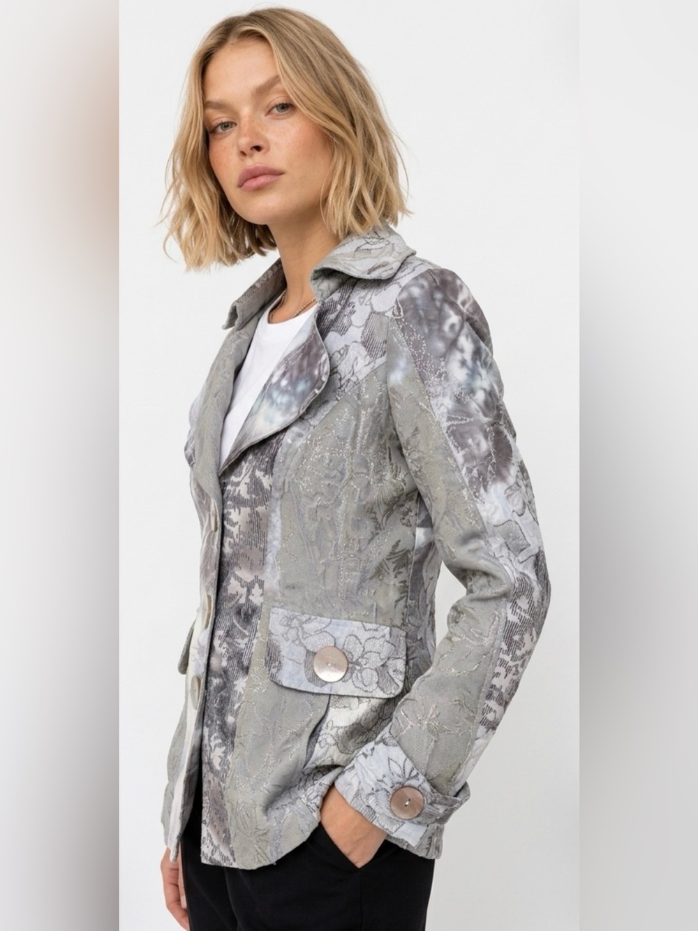 Vintage Boho Chic 100% Silk Grey Button-Front Jacket Sz 10